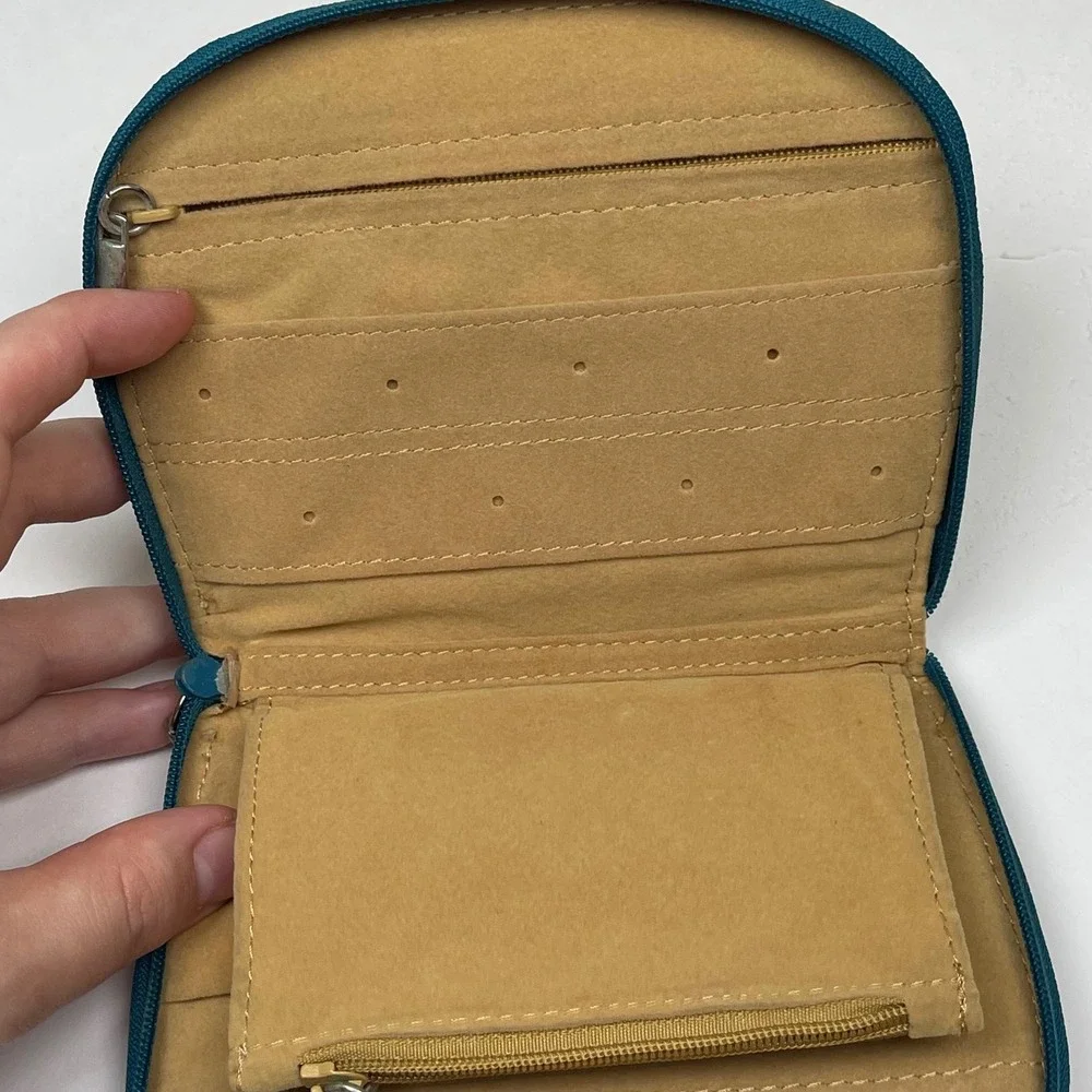 Fossil Jewelry Organizer Travel Case Teal Blue Leather Contrast Stitch Zip Pouch